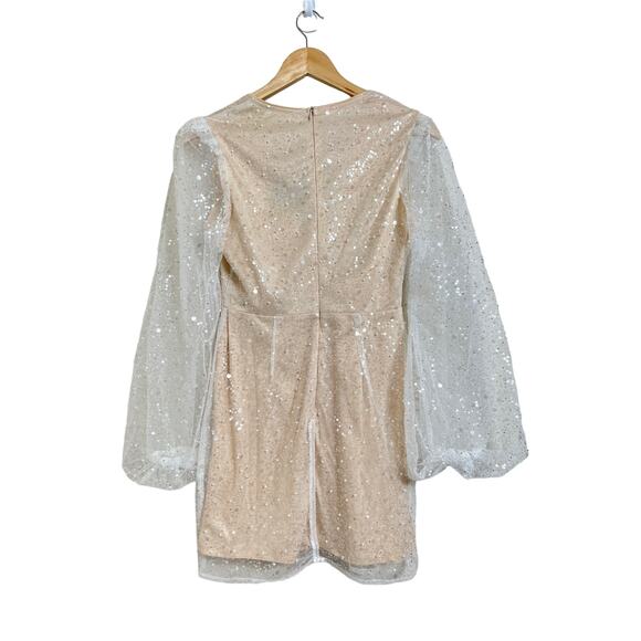 NWT Mainstrip Women's Harlow Sequin Pearl Puff Sleeve Cream Mini Dress Small - Picture 2 of 13